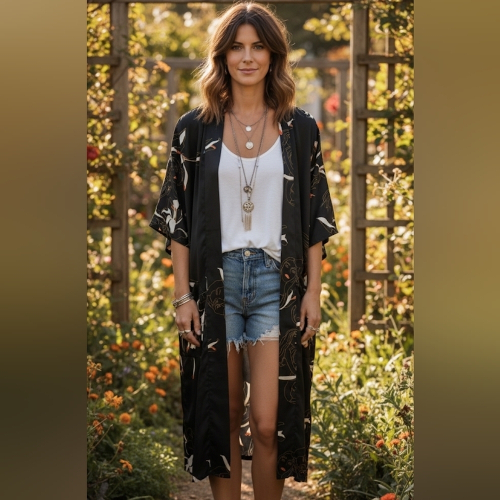 Aritzia Little Moon Ensata Faces Satin Kimono Size M